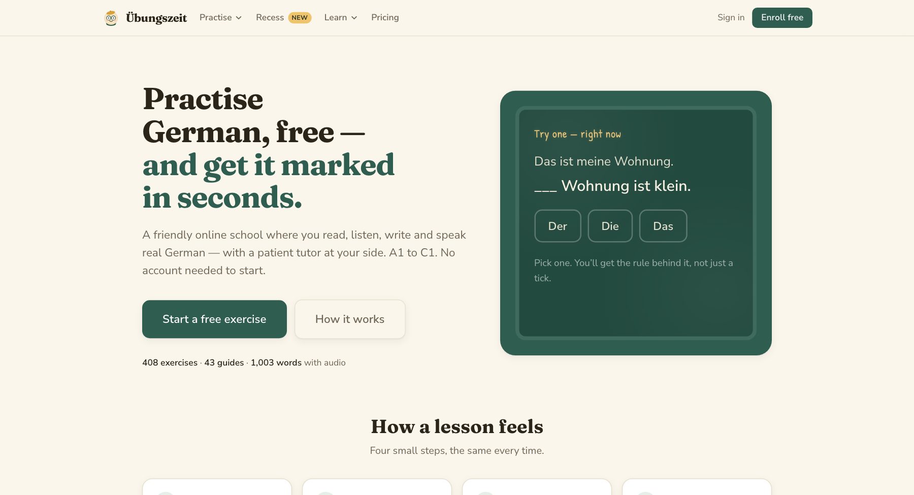 The Übungszeit home page: a headline reading “Practise German, free — and get it marked in seconds”, beside a blackboard panel posing a der/die/das question.